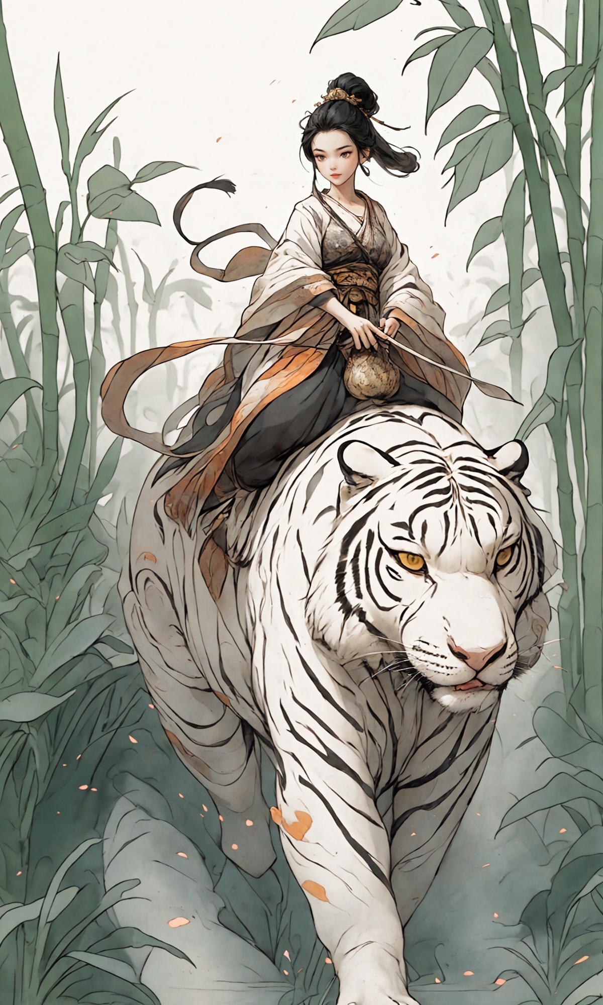 606247209521967938-259212714-A stunning Chinese beauty in traditional Hanfu attire riding a massive tiger, carrying a large gourd,_in the style of Chinese in.jpg